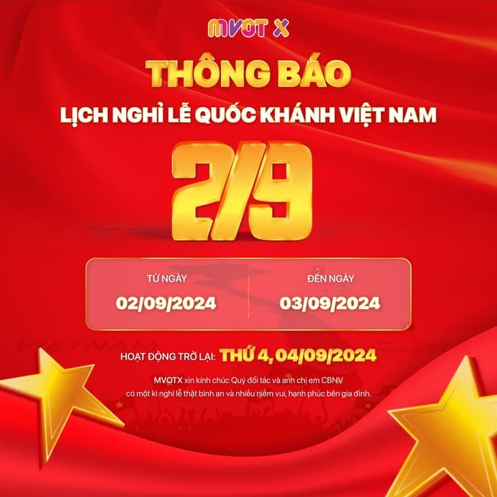🇻🇳🇻🇳 THÔNG BÁO LỊCH NGHỈ LỄ QUỐC KHÁNH 2/9/2024